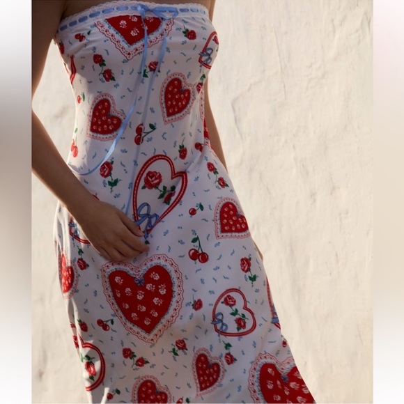 For Love & Lemons Daisy Heart Mae Strapless Midi Dress in White and Red - Picture 3 of 12